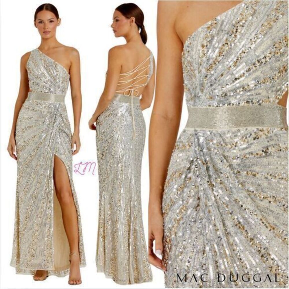 Mac Duggal 5687 Sequined One Shoulder Draped‎ Lace Up Gown Silver Gold Size 4
